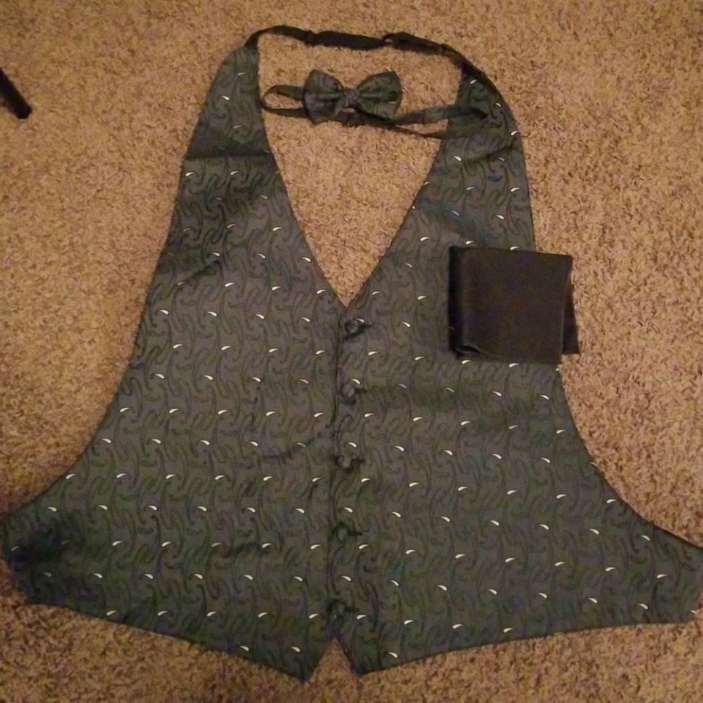 Formal tux vest, bow tie, and pocket square